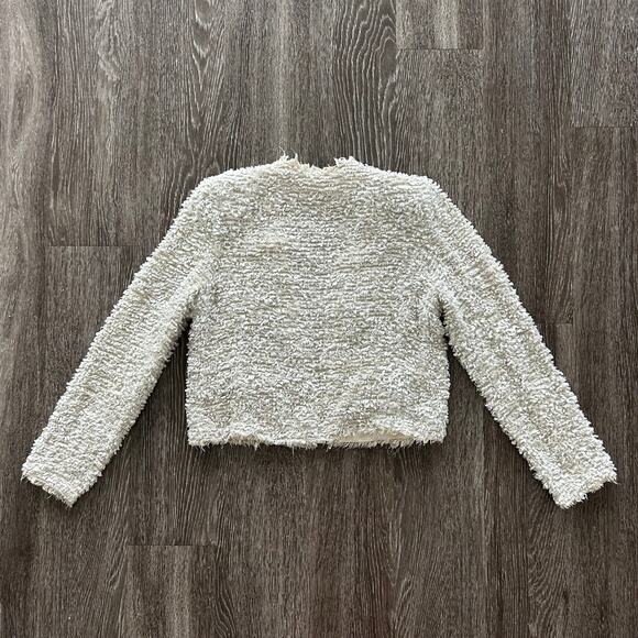 EUC L’AGENCE Cream Bouclé Tweed Open Front Frayed Jacket Sz 8 Silk Blend Cropped - Picture 15 of 16